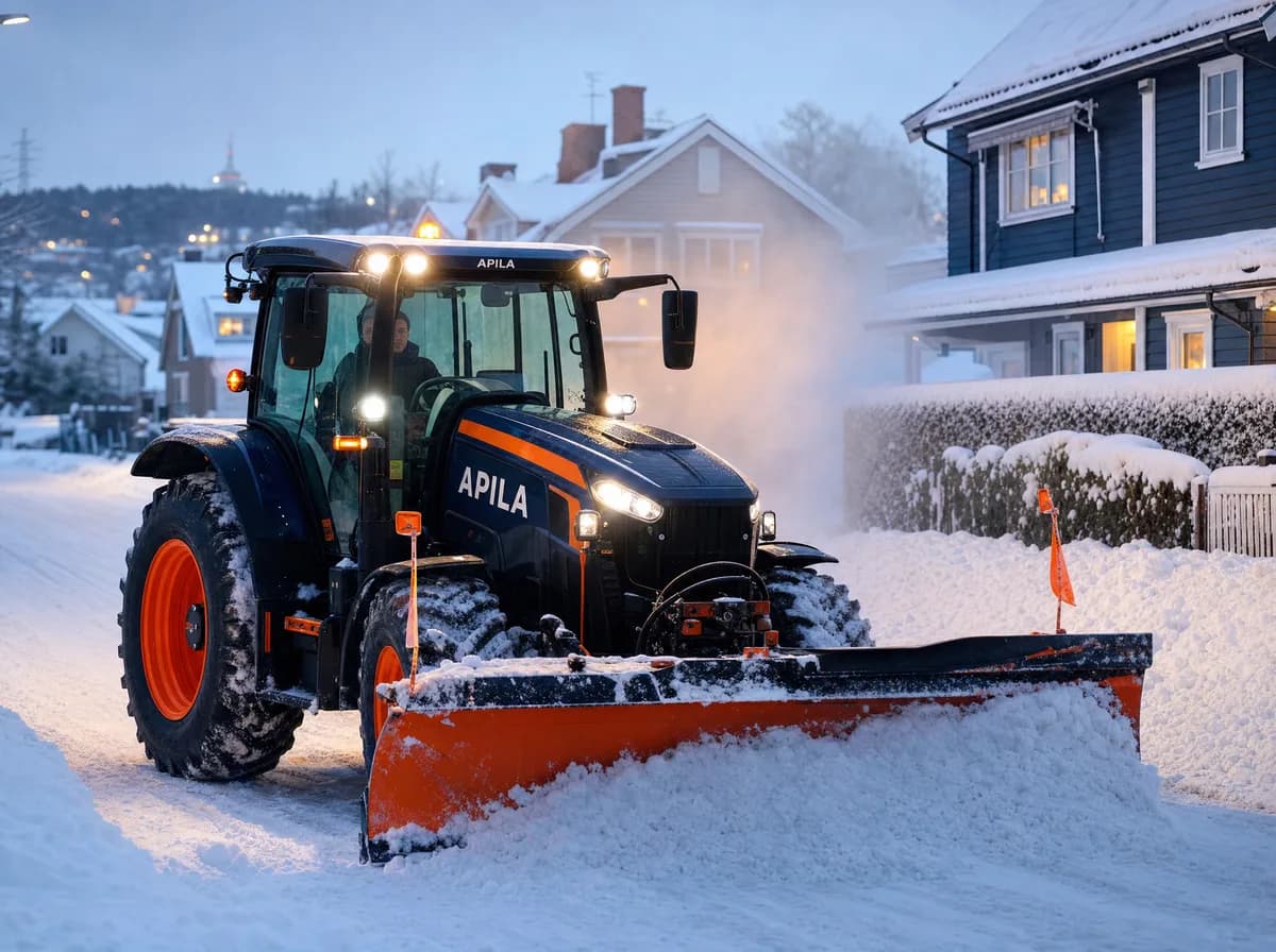 Apila-traktor med snøplog brøyter snø på en boligvei i Lørenskog