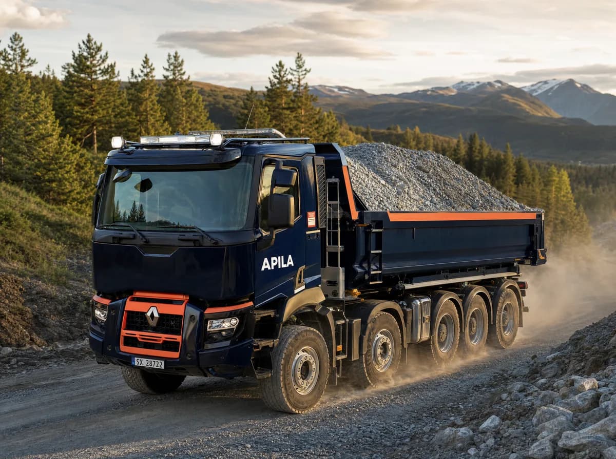 Apila lastebil med tipp transporterer pukk på en norsk anleggsplass